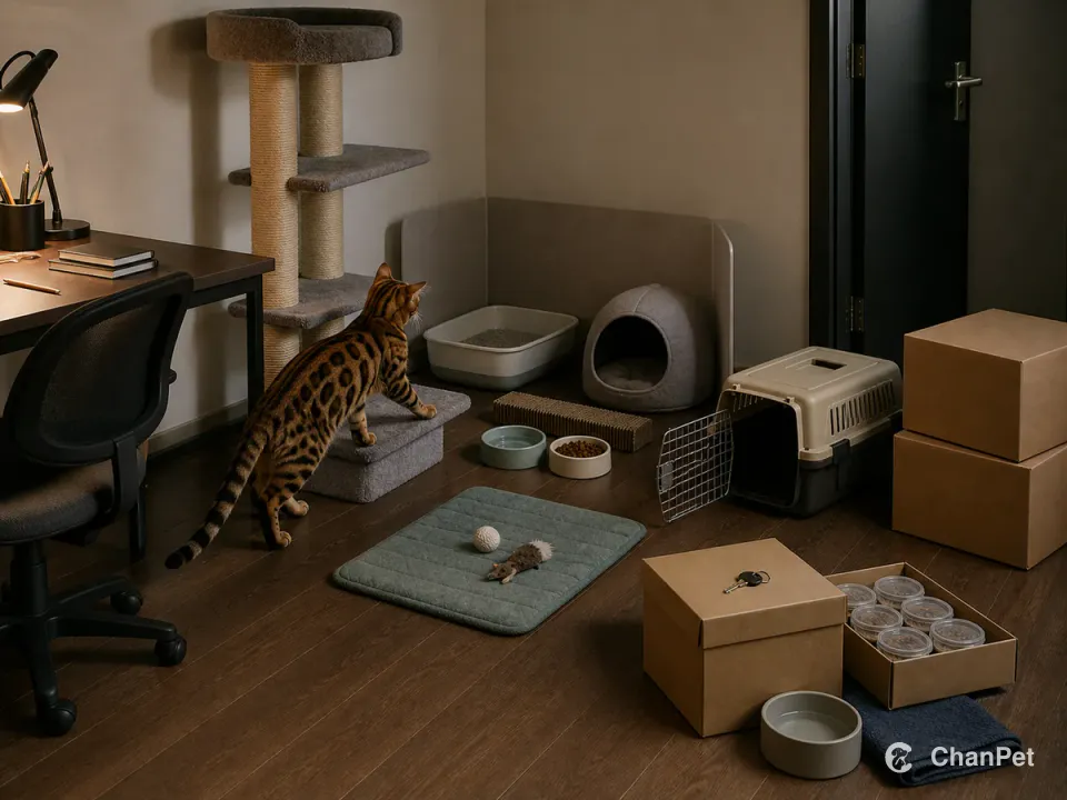 A Bengal moves toward its fixed cat tree in a student room with separate daily resources, an open carrier, moving boxes, and portioned handover supplies