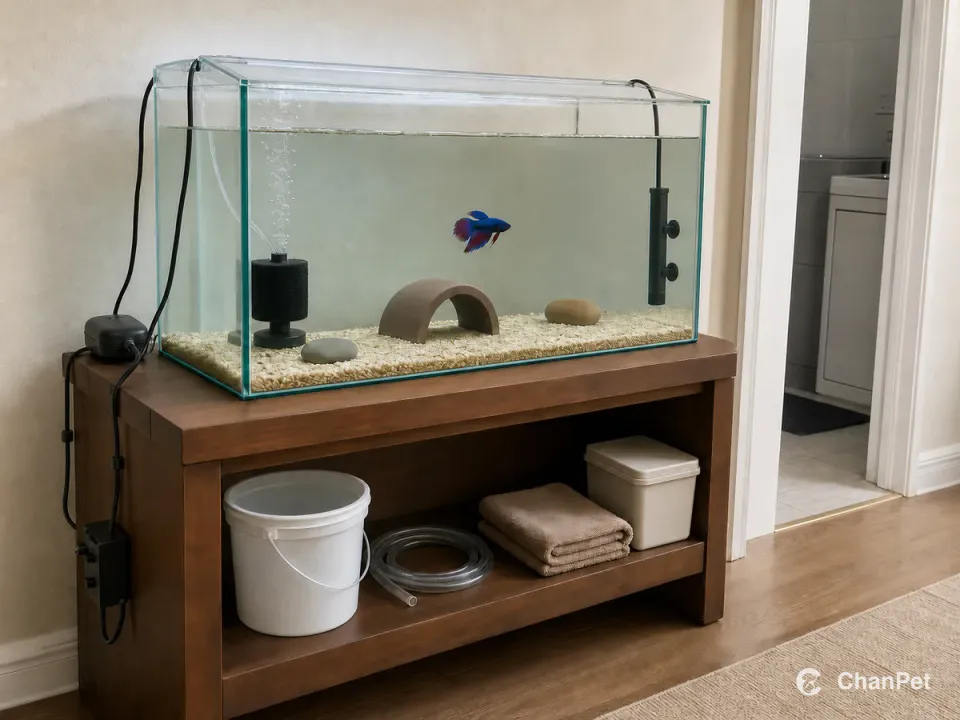 One healthy male betta swims in a wide closed aquarium fixed on a deep wooden cabinet. A sponge filter produces sparse bubbles at the left, while a blank heater remains fully submerged at the right. Lines exit through fitted rear notches and form drip loops outside, above a stored bucket, coiled siphon, towels and lidded supply box.
