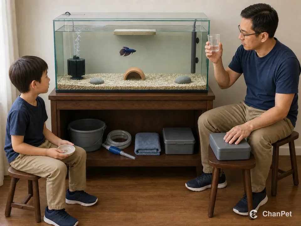 A school-age child sits outside a closed betta aquarium, holding a shallow dish with a tiny pellet portion and waiting. An adult sits opposite, inspecting a plain clear water sample with one hand and resting the other on a closed test-kit box. A sponge filter bubbles gently beside a fully submerged blank heater, with a bucket, siphon and towels stored below.