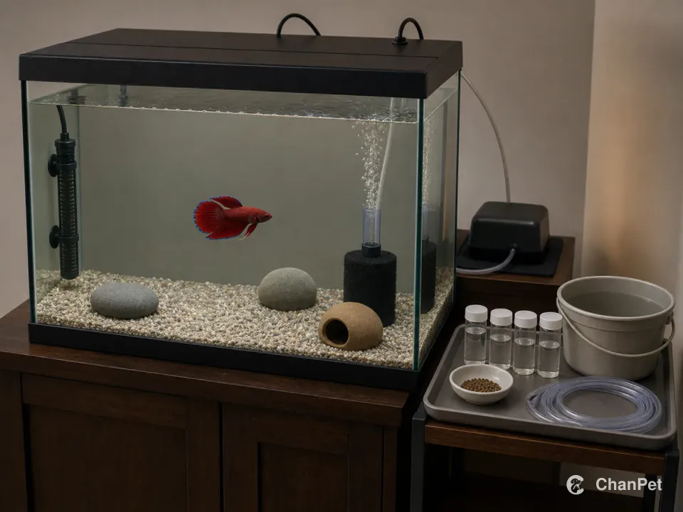 A healthy male betta swims in a covered heated tank with gentle sponge filtration running, while measured food, test vials, a bucket, and a siphon wait outside