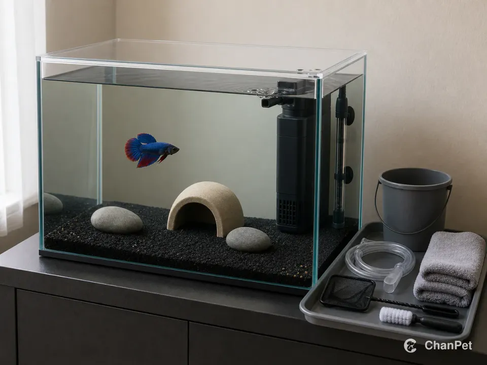 One male betta swims in a covered aquarium with an internal filter and separate heater, while an exterior tray holds a small bucket, siphon, net, brush, and towels