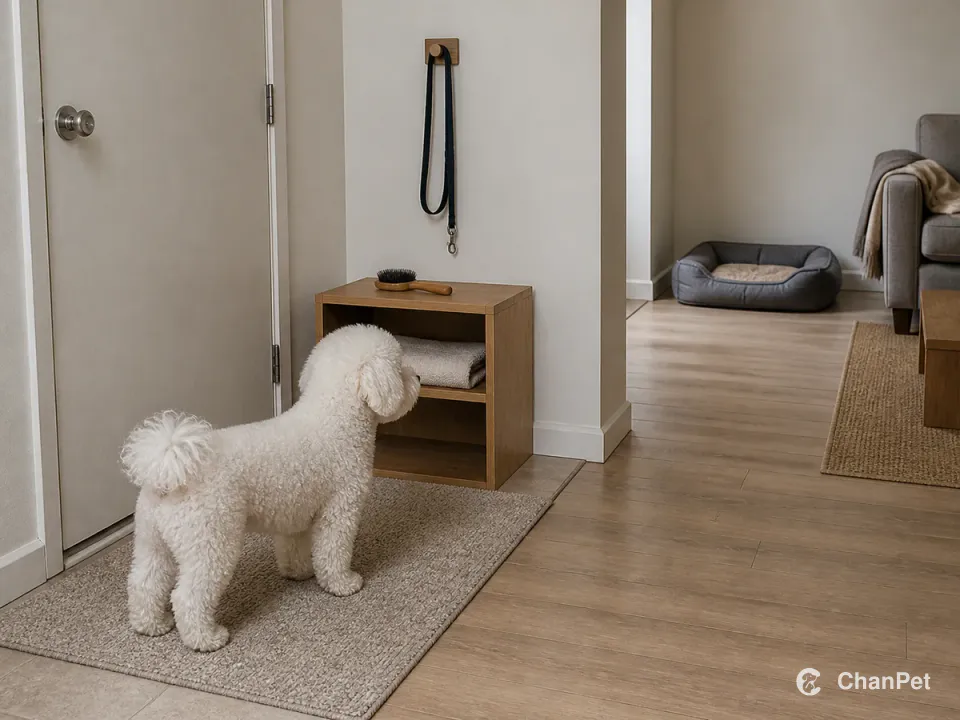 A Bichon Frise pauses on an apartment entry mat beside a leash, towel, and brush, with a quiet bed visible along the clear route into the room.