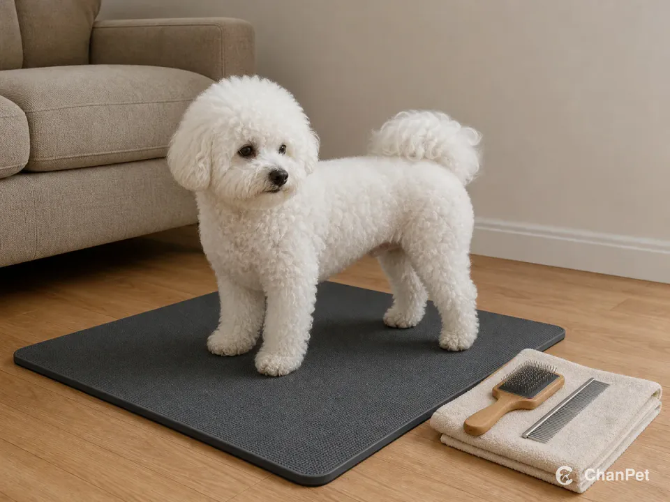 一只白色比熊犬自然站在室内防滑垫上，旁边的折叠毛巾上放着一把木柄刷子和一把金属梳子。