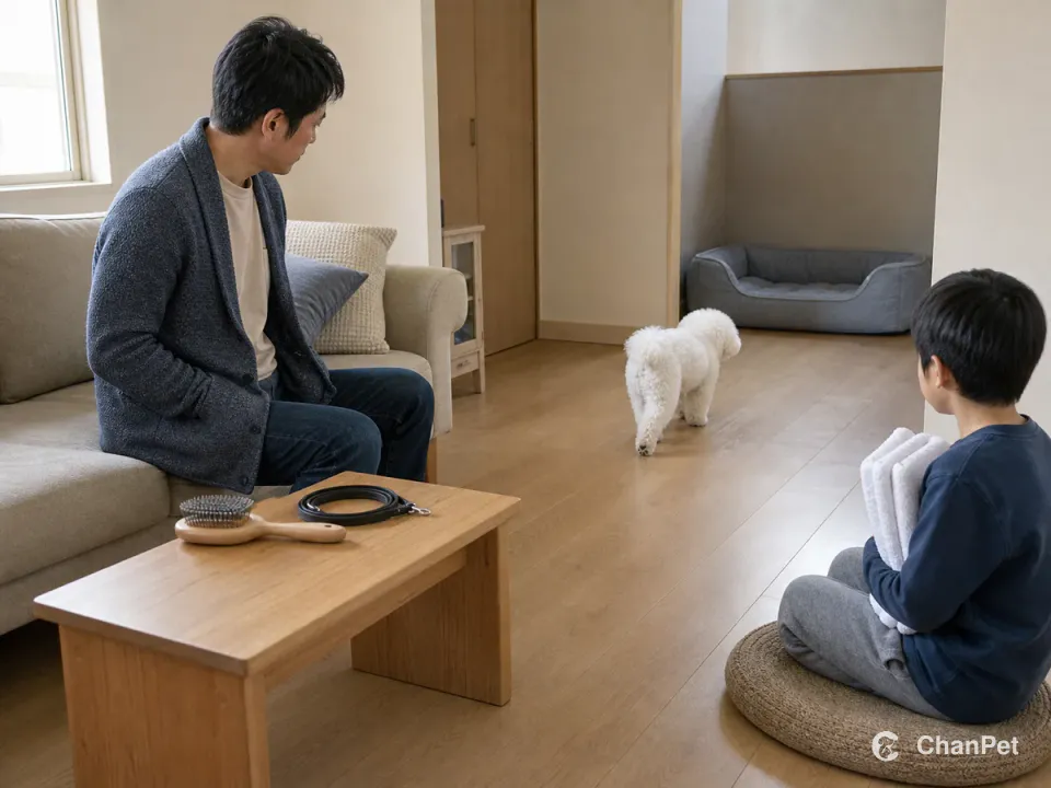 An adult supervises beside a brush and leash while a child holds a folded towel at a distance and a Bichon Frise walks toward a quiet bed deeper in the room.