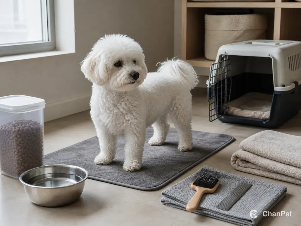 A white curly-coated Bichon Frise stands on a washable mat beside a water bowl, food container, towels, grooming tools, and an open carrier.