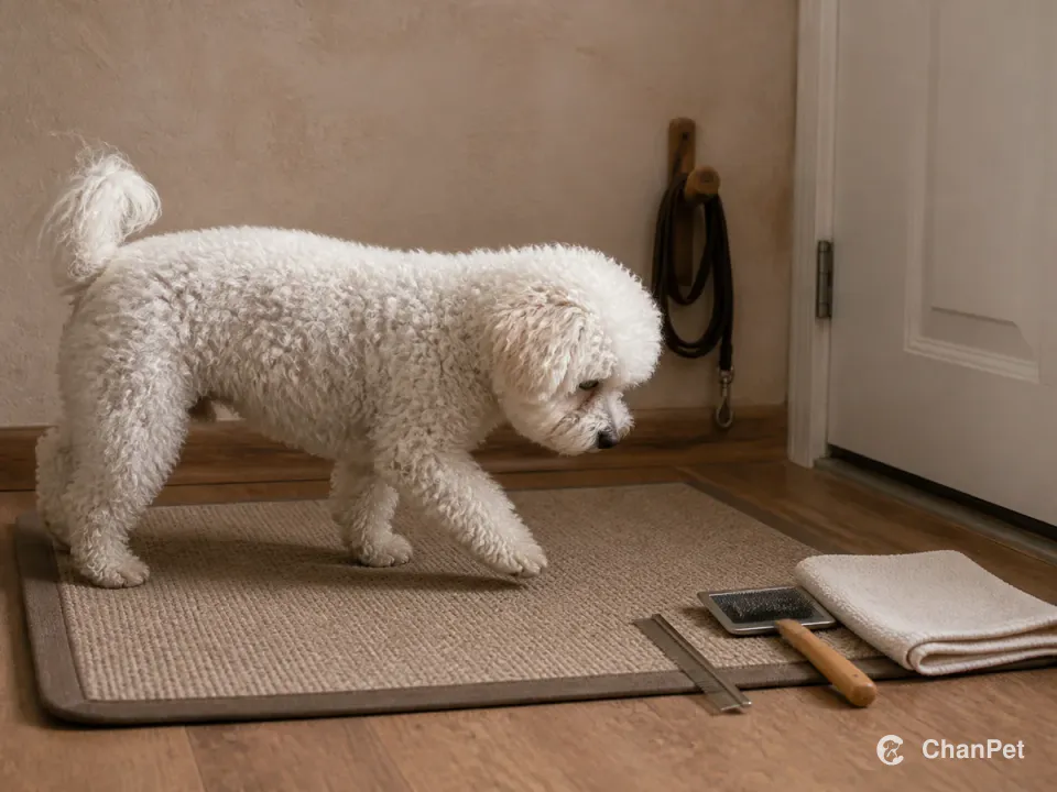 An adult Bichon Frise steps onto a nonslip care mat by the entry after a walk, beside a metal comb, brush and folded towel, with the leash already hung up.