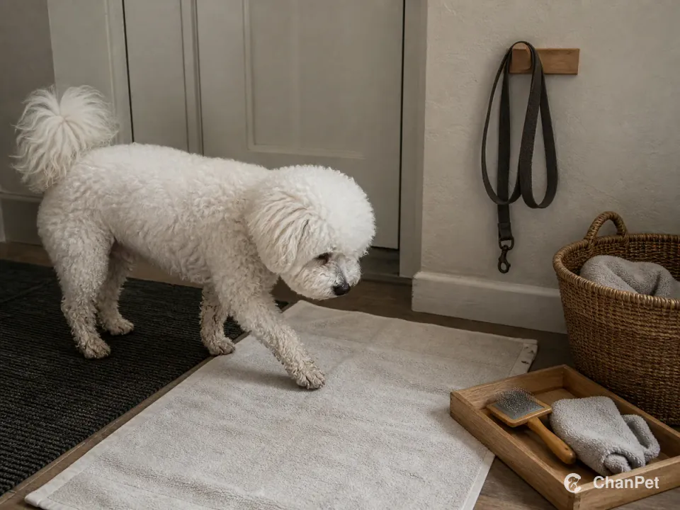 一只成年比熊犬从深色门垫走上铺开的吸水毛巾,脚底和小腿卷毛微湿,旁边的木托盘放着毛刷与干布,牵引绳已挂回墙上。