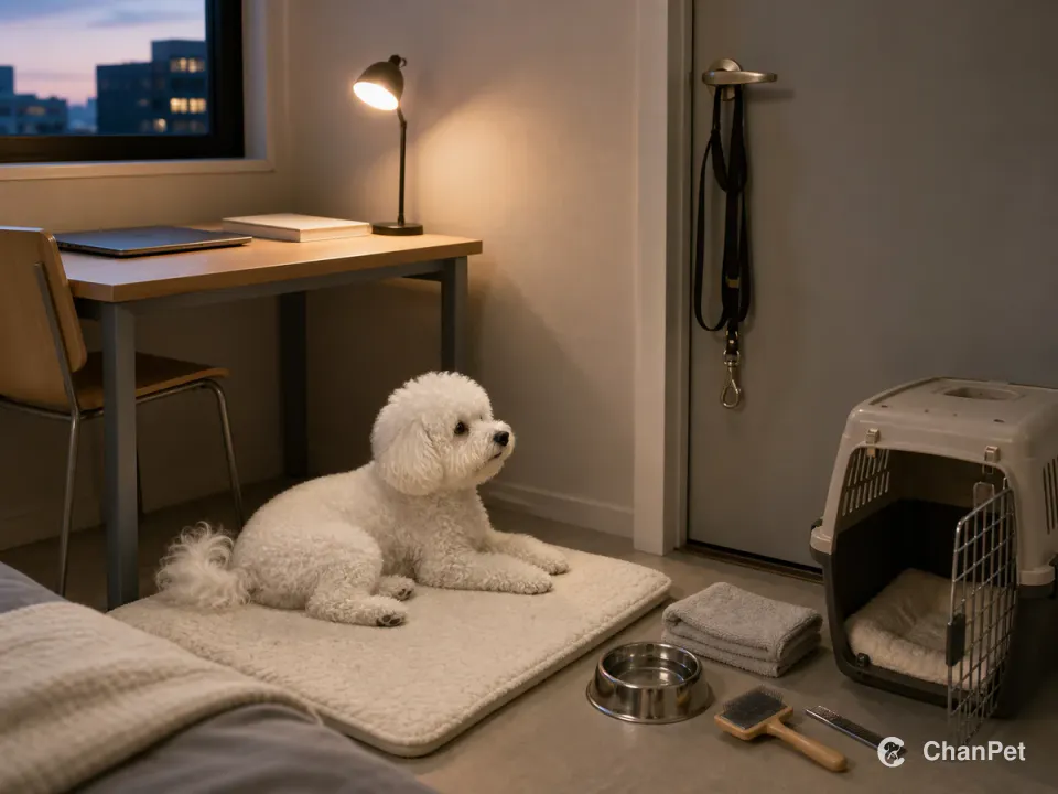 A white Bichon Frise rests beside a study desk, with a leash by the door, grooming tools, a water bowl, towels, and an open carrier nearby.