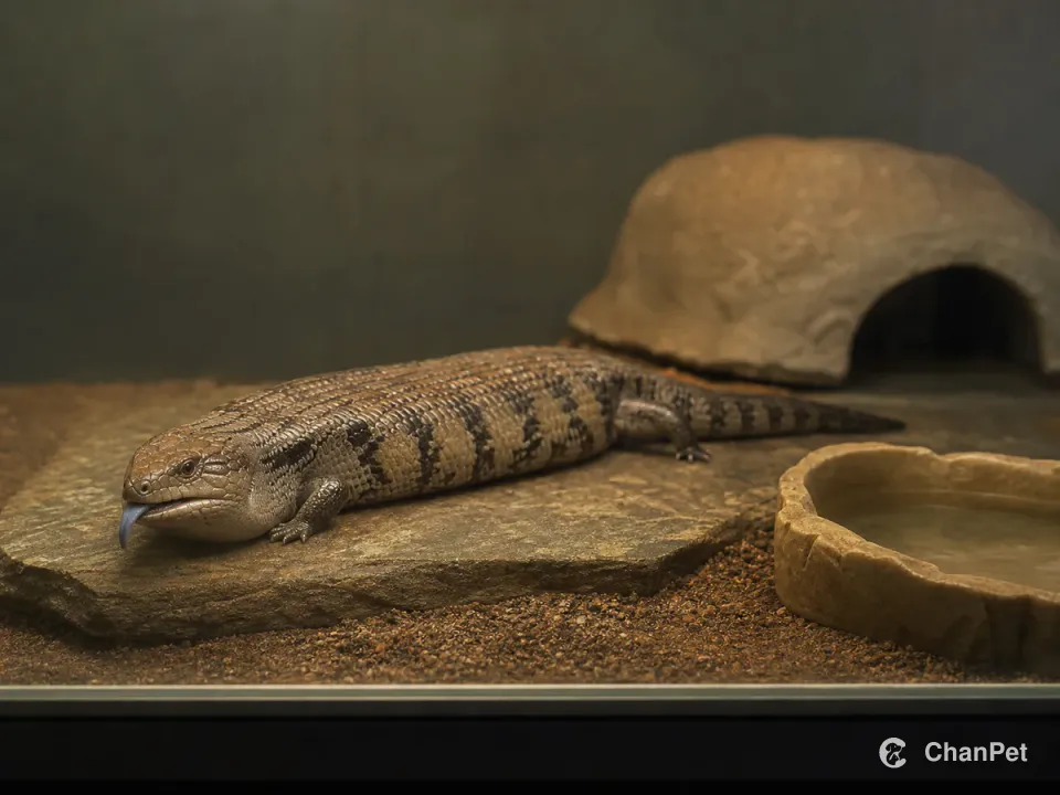 A blue-tongued skink resting on a slate surface in an enclosure beside a hide and shallow water dish
