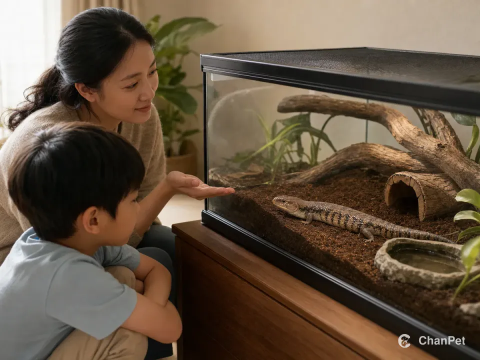 An adult gestures for a child to keep distance while they watch a blue-tongued skink through a closed glass terrarium.