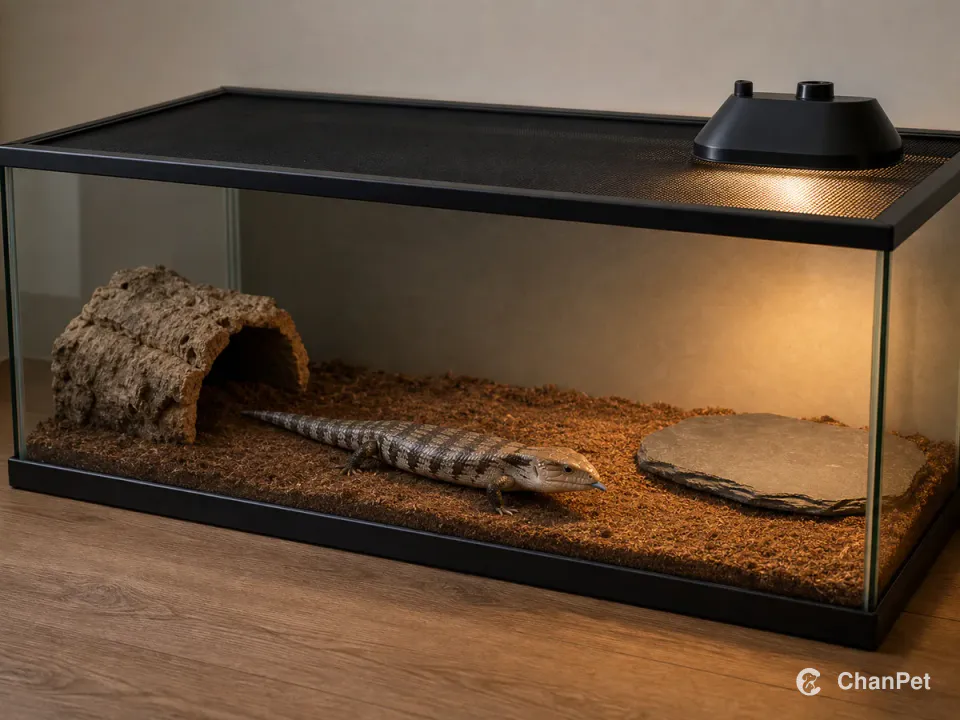 A blue-tongued skink walks across open substrate in a long closed habitat with a warm slate and a cork hide.
