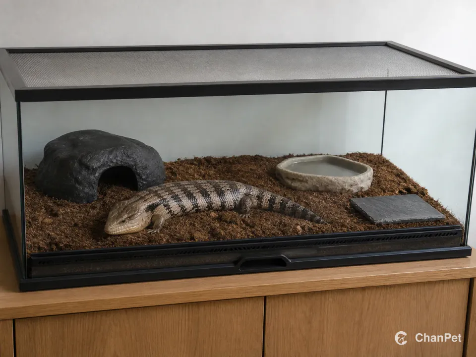 A blue-tongued skink rests in a large mesh-topped closed enclosure with dry substrate, water dish, hide, and feeding area set apart.