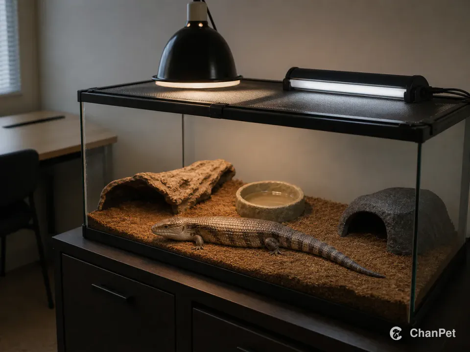 A blue-tongued skink in a fixed mesh-topped glass enclosure with its heat lamp, UVB fixture, hides, and water dish visible.