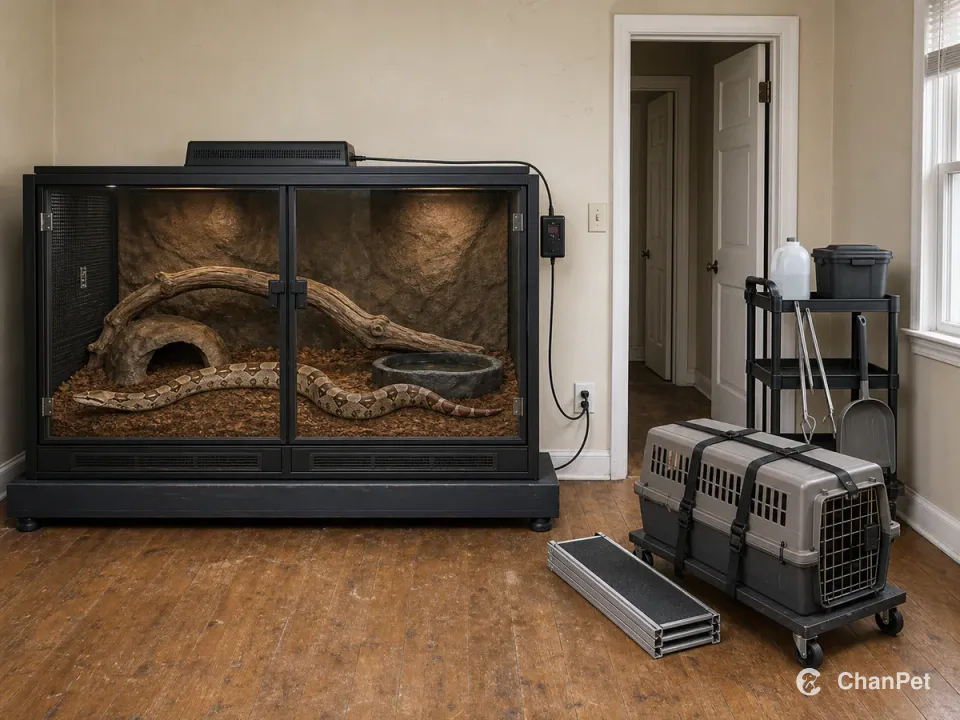 An adult red-tailed boa stretches inside a closed reinforced climate enclosure on a load-spreading base, with exterior temperature wiring, a hygiene cart, and a wheeled transport crate aligned with the doorway
