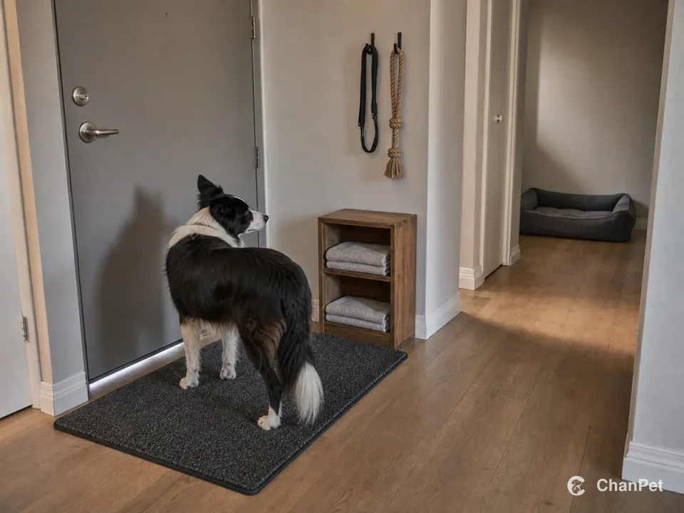 A Border Collie pauses on an apartment entry mat near a closed door, with a leash, tug toy, and towels beside the clear route to a quiet bed.