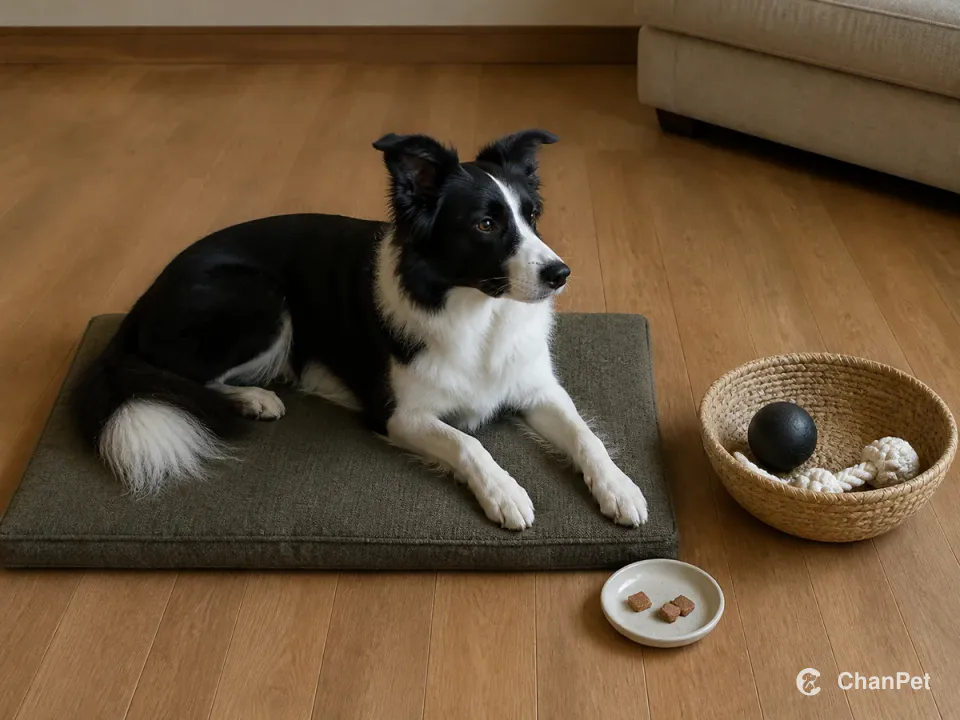 A black-and-white Border Collie lies quietly on an indoor rest mat beside a basket holding a ball and rope toy and a small saucer with three rewards.