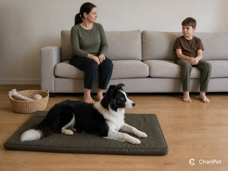 A black-and-white Border Collie rests on its own mat while an adult supervises from the nearer end of a sofa, a child stays farther away, and activity toys remain stored in a basket.