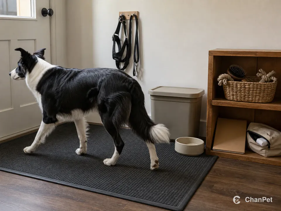An adult black-and-white Border Collie walks in side profile across a nonslip care mat with its waist and overall condition visible, beside secure harness and leash gear, a basket holding a grooming brush and durable rope tug, a fixed food bowl, and a low cubby containing a blank health folder and emergency-care pouch.