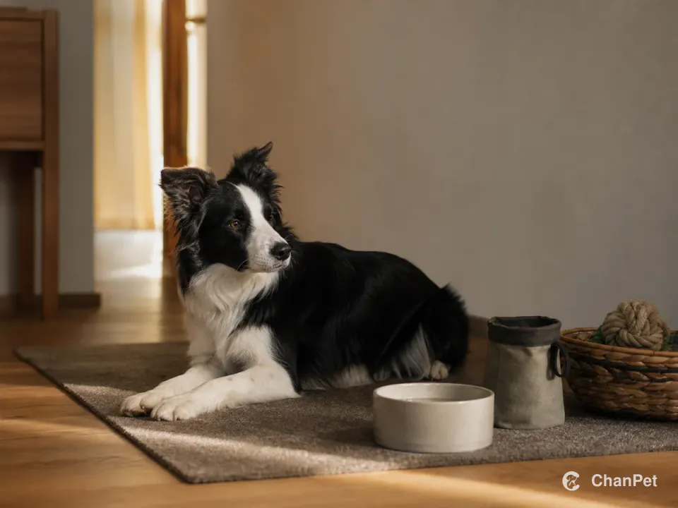 A black-and-white Border Collie resting calmly on an indoor mat beside water and a toy basket