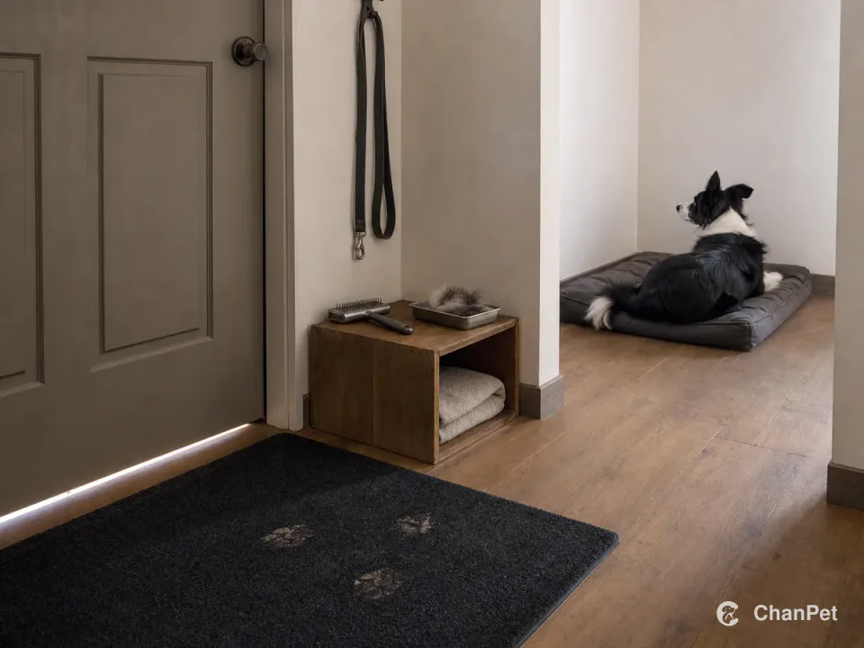 Damp paw prints stay on an entry mat beside stored towels, a brush, and contained loose fur while a Border Collie rests on a bed away from the closed door.