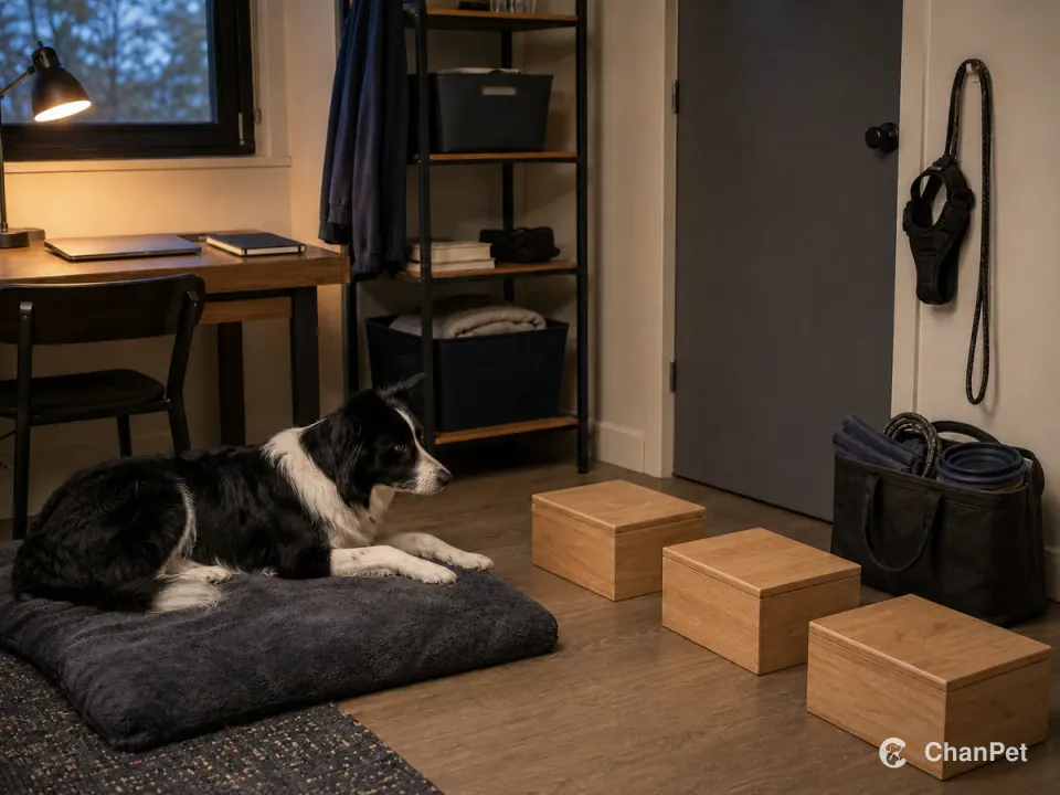 A black-and-white Border Collie rests beside a student desk and three plain wooden scent boxes, while a harness, leash, and prepared handover tote sit by the closed door.