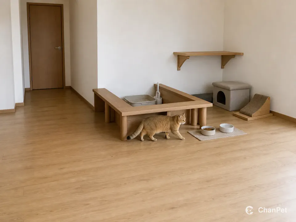 金渐层沿低隔断转角行走，隔断内是安静猫砂位，外侧分布食水、抓板、躲藏窝和高台