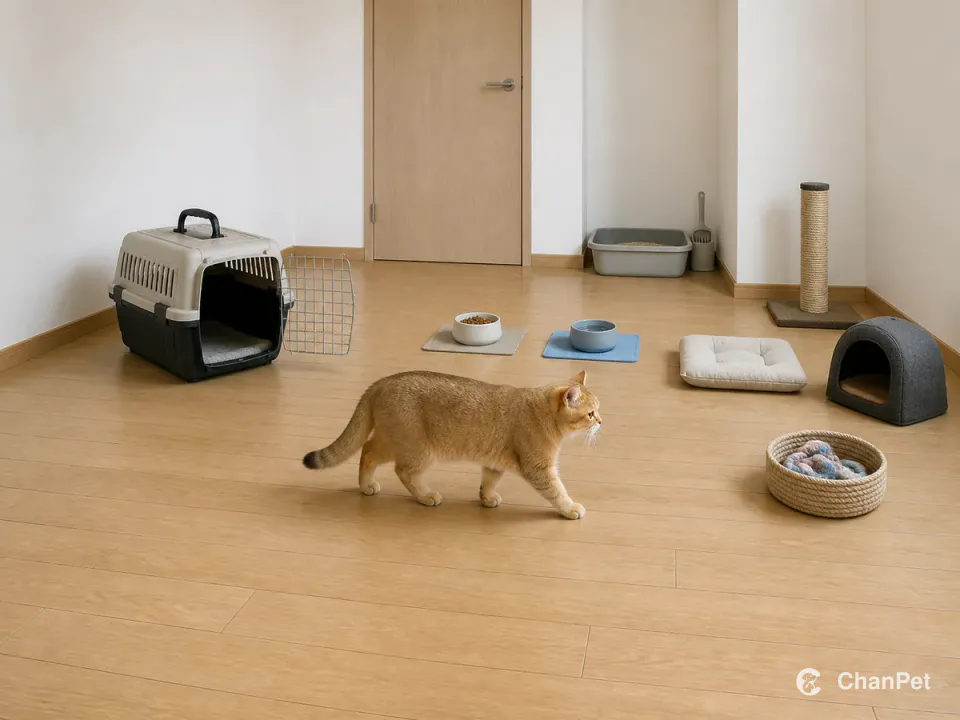 A golden shaded British Shorthair leaves an open carrier to explore separated food, water, litter, scratching and hiding areas.