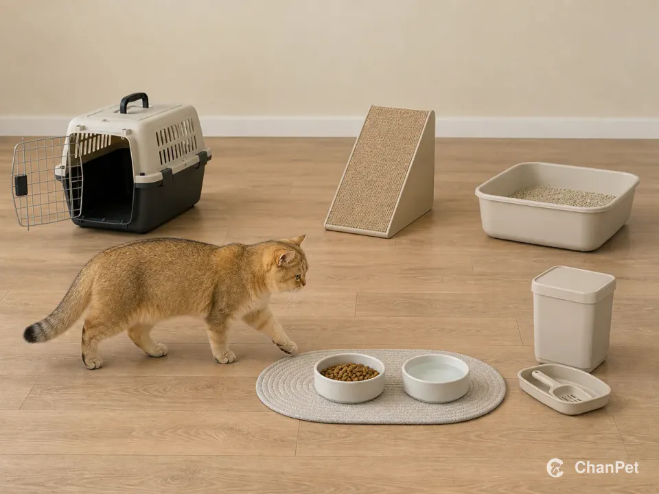 金渐层英国短毛猫走向一份主食和饮水，敞开的外出箱、抓板与远处猫砂盆均完整就位