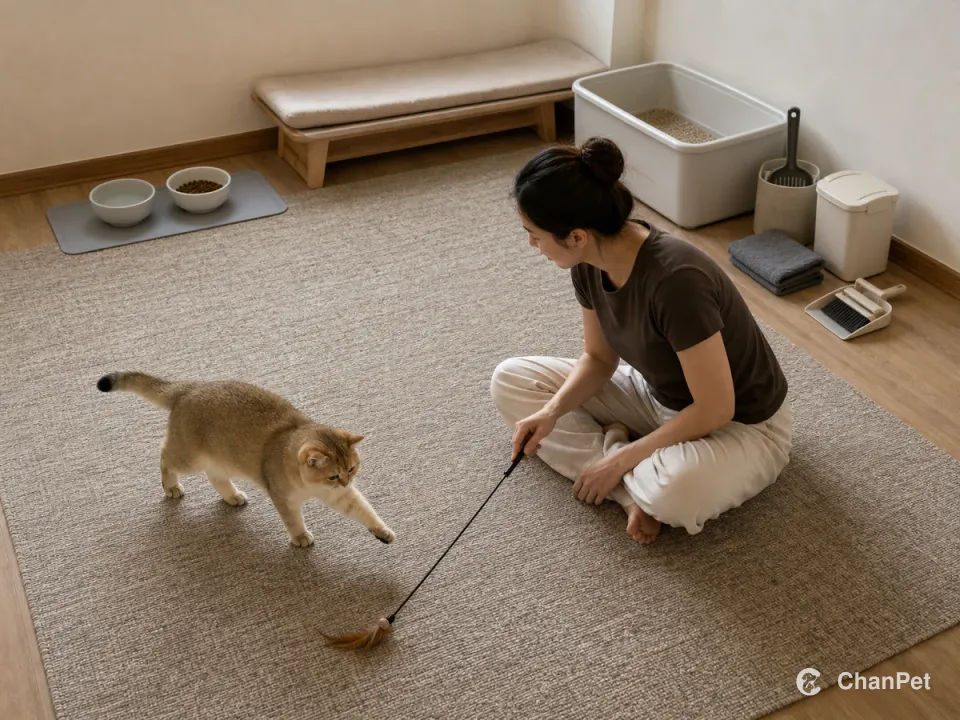 一只金渐层英短在地垫上追逐逗猫杆，后方分开放着食水、猫砂与清洁用品