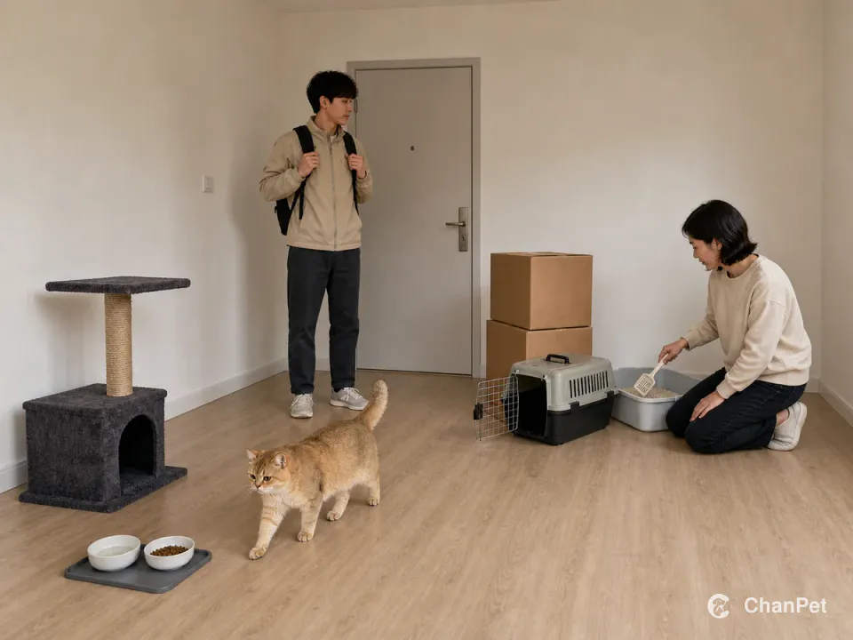 A backpacked student stands by the door while a backup caregiver cleans litter for a golden shaded British Shorthair beside feeding, moving boxes and an open carrier
