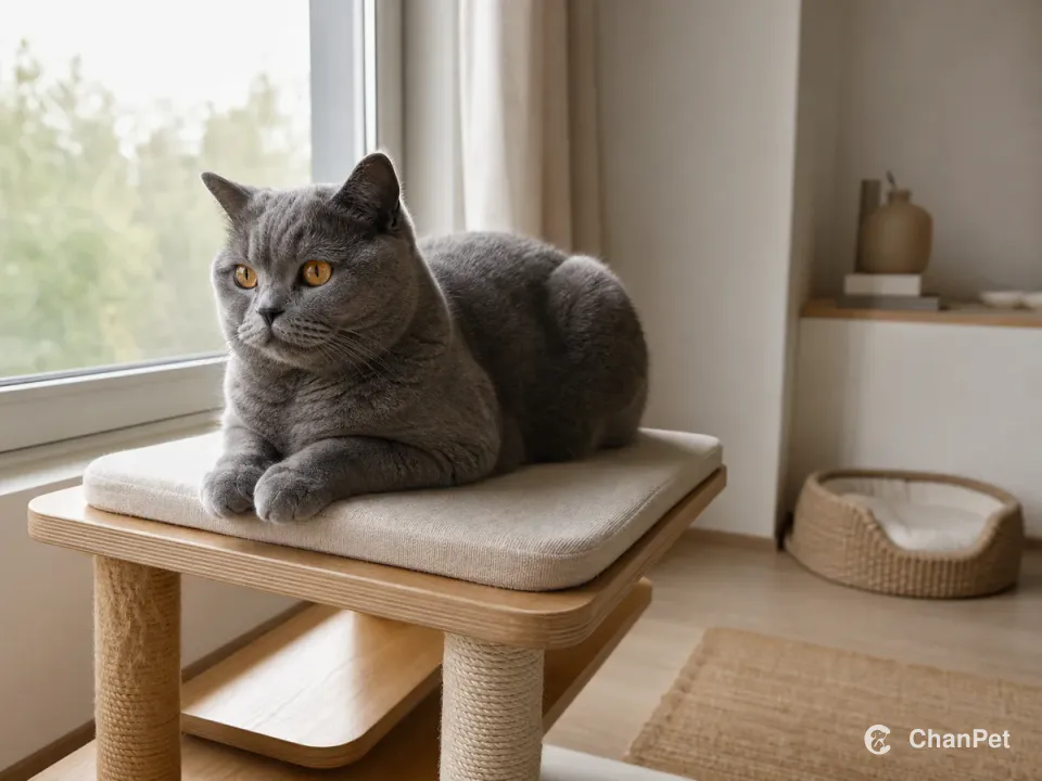 一只蓝灰色英国短毛猫趴在靠窗的低矮猫爬架上,房间另一侧有安静猫窝。