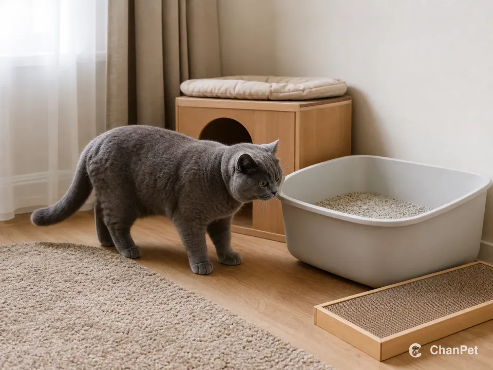 A British Shorthair sniffs a litter box in a quiet newly prepared corner, with a scratcher and rest nook nearby.