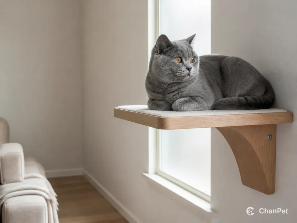 一只成年蓝色英国短毛猫在客厅窗边的独立木质高台上休息。