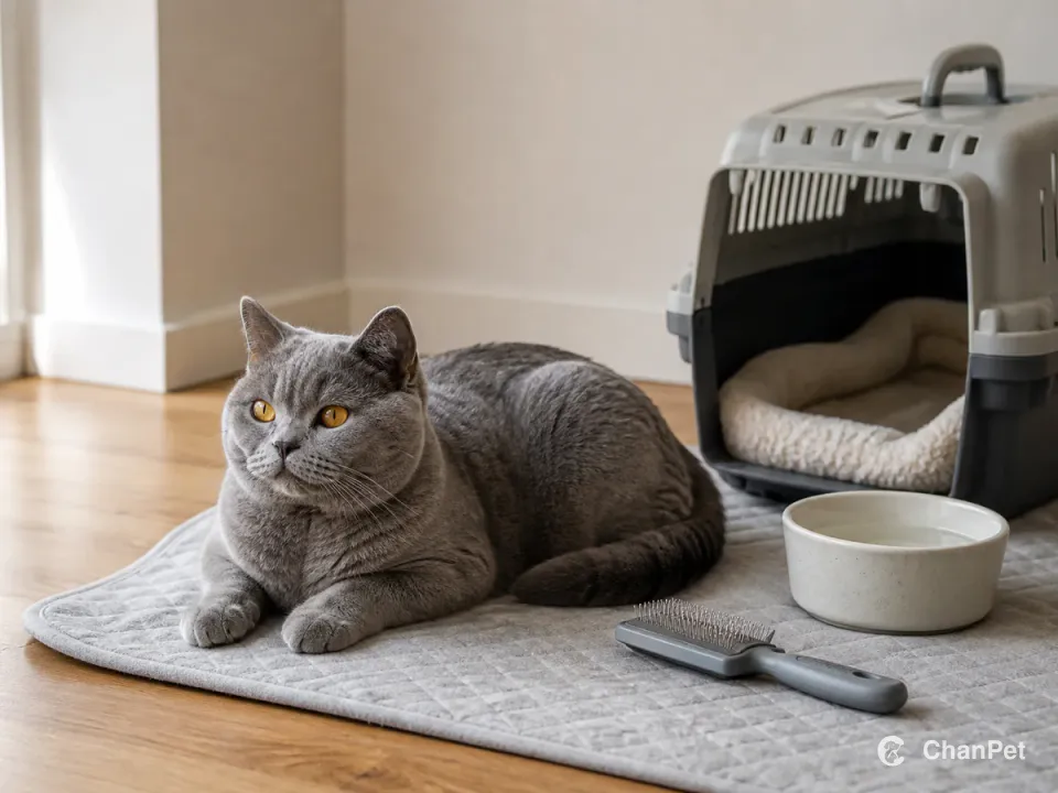 A blue British Shorthair on a washable mat beside a carrier, water bowl and grooming brush