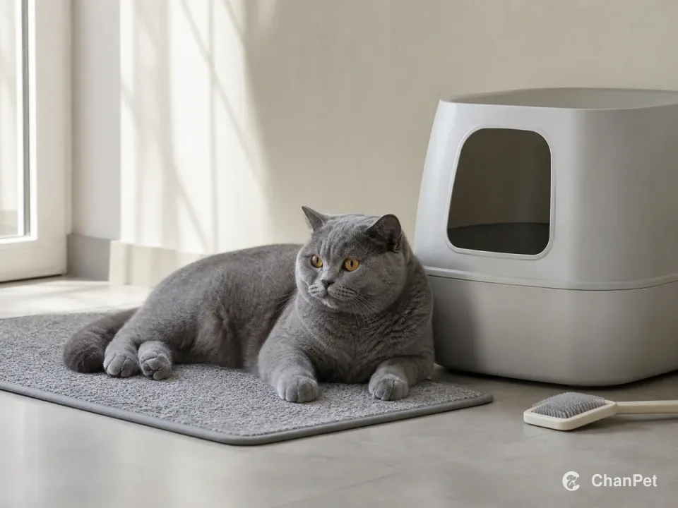 A blue British Shorthair on a washable mat beside a clean covered litter box