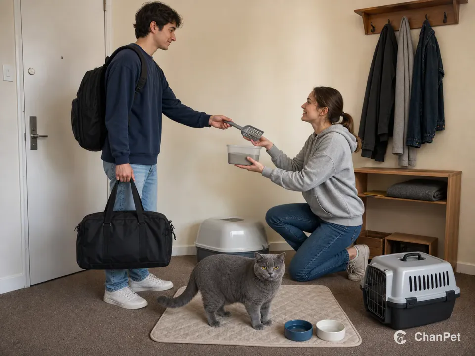 A student hands litter and feeding supplies to a backup carer while a blue British Shorthair stands nearby