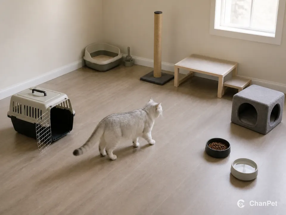 银渐层英短从打开的运输箱走向双出口休息窝,猫砂、食水、抓挠柱和低台已分区摆好。