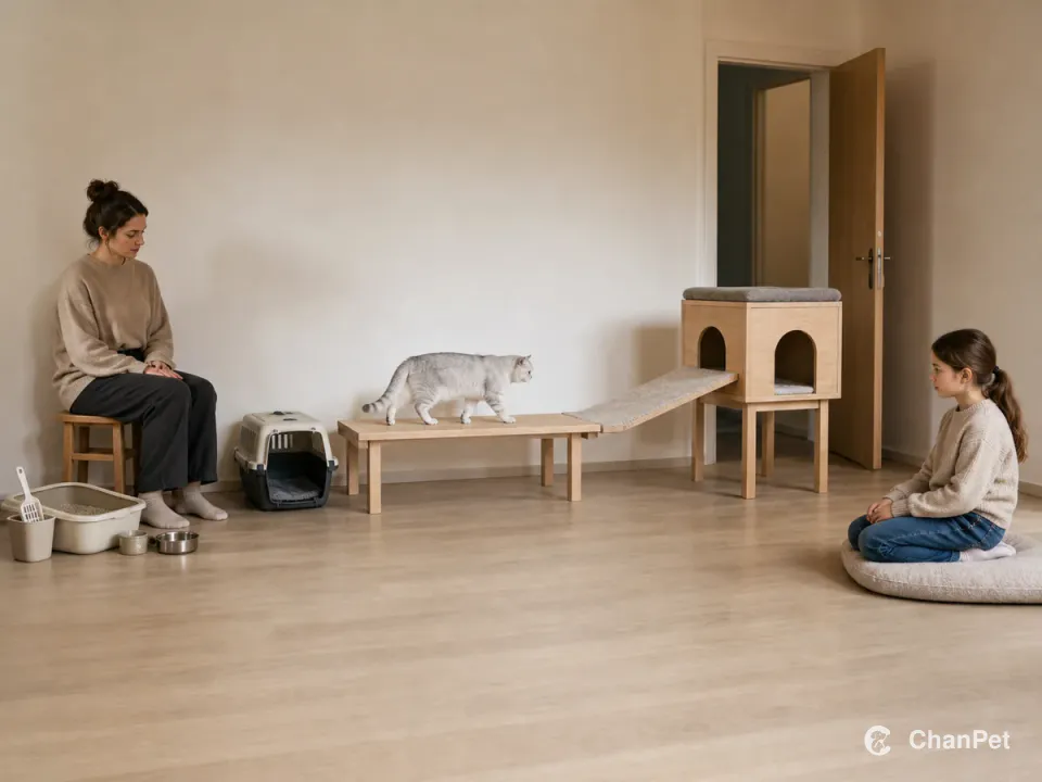 成人守在银渐层的猫砂与用品区旁，孩子隔着距离安静等待，猫沿低台走向双出口休息处和敞开的房门