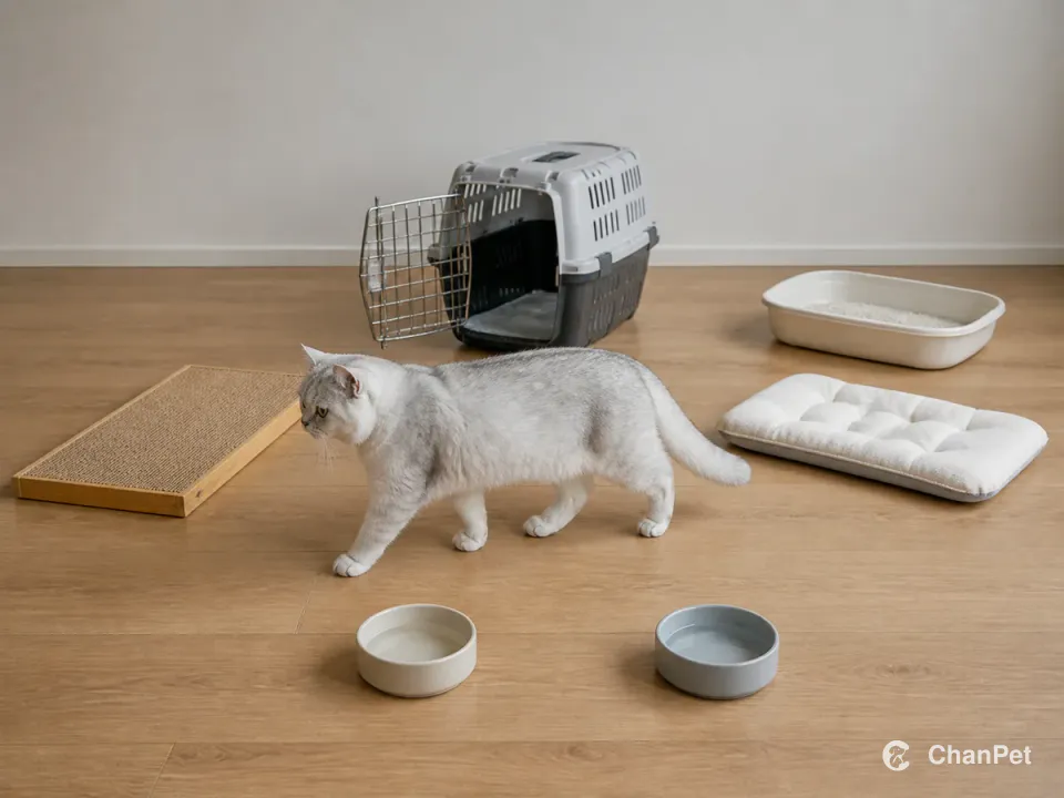 银渐层英国短毛猫走过朴素照护区,完整外出箱、抓板、猫砂盆、食水碗和休息垫各自分开摆放