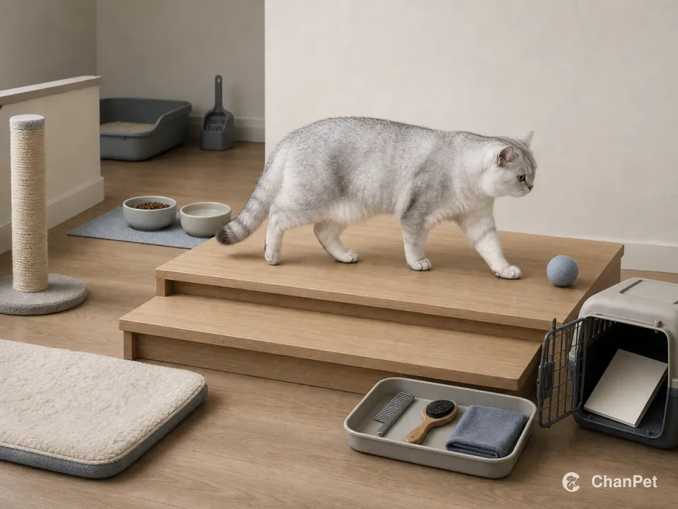 A silver shaded British Shorthair walks across a low wooden platform beside separate food, litter, grooming, scratching, rest, and transport stations