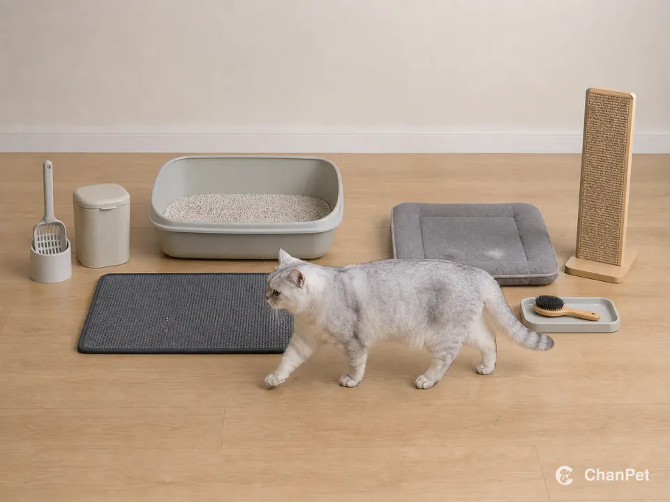 A silver shaded British Shorthair walks through a fixed cleaning area with a litter mat, scoop holder, closed bin, brush tray, resting pad, and scratcher.