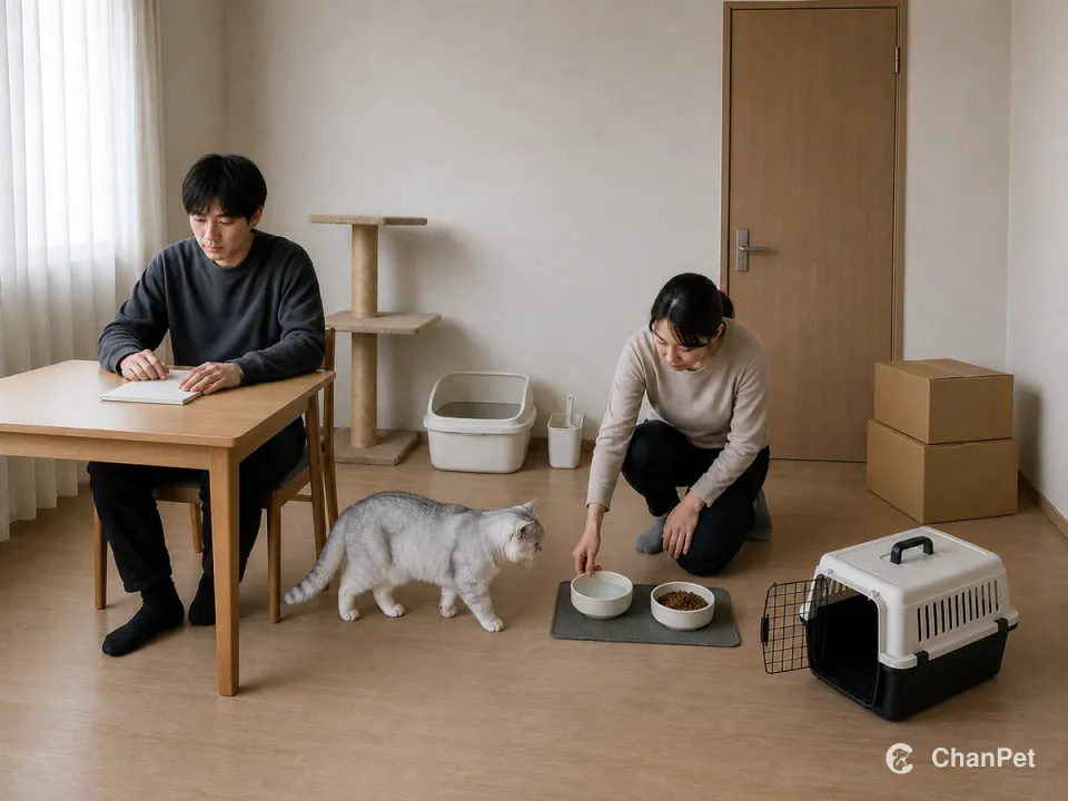 A student stays at a blank desk while a backup caregiver refreshes water for a silver shaded British Shorthair beside litter, moving boxes and an open carrier