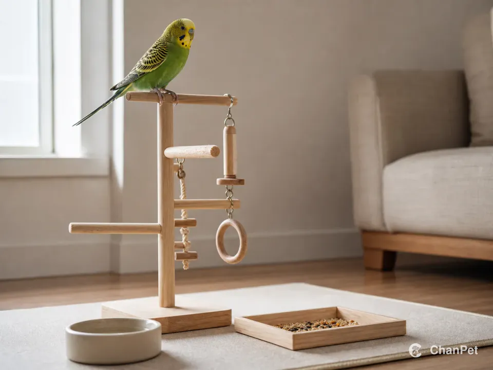 A green-and-yellow budgerigar on a wooden apartment play stand beside water, a foraging tray, and a washable mat