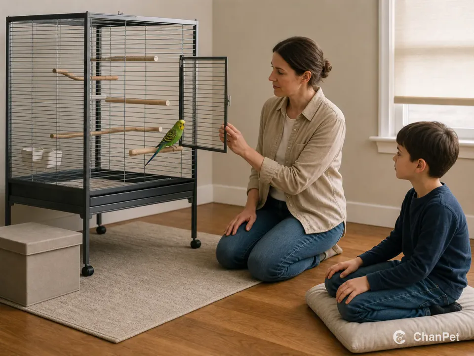 An adult steadies a fully open cage door while a budgie rests at the doorway and a child watches from a cushion with both hands on their knees