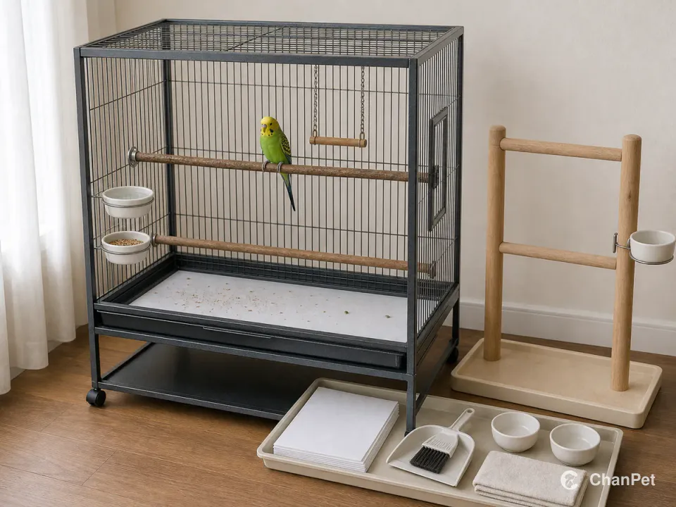 One budgerigar perches on a full-width wood perch in a spacious cage with separate food and water bowls, a lined tray, and a swing, while an exterior activity stand and cleaning supplies sit nearby