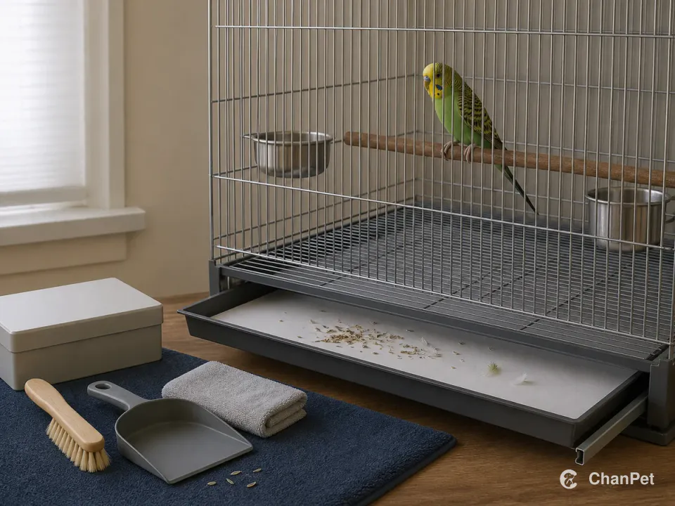 A budgie rests safely behind continuous cage bars while a paper-lined tray sits halfway out beside a brush, dustpan, fresh paper, and towel