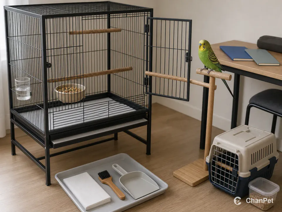 A budgie stands on an external play perch reached through the fully open cage door, with food and water inside and cleaning tools, blank study materials, and a latched carrier nearby