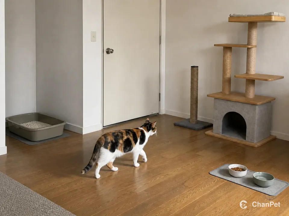 一只三花猫沿公寓开放通路走向完整猫架,安静角落的猫砂与另一侧食水分开布置