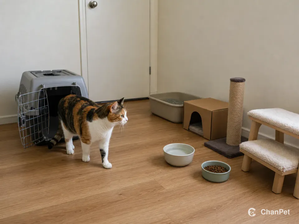 A calico cat steps from an open carrier into a quiet room prepared with litter, separate food and water, a hide, scratcher and low perch