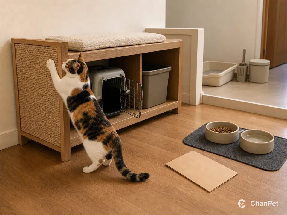 A calico cat scratching the side of a durable bench that stores an open carrier and supplies while food, water, and litter stay in separate zones